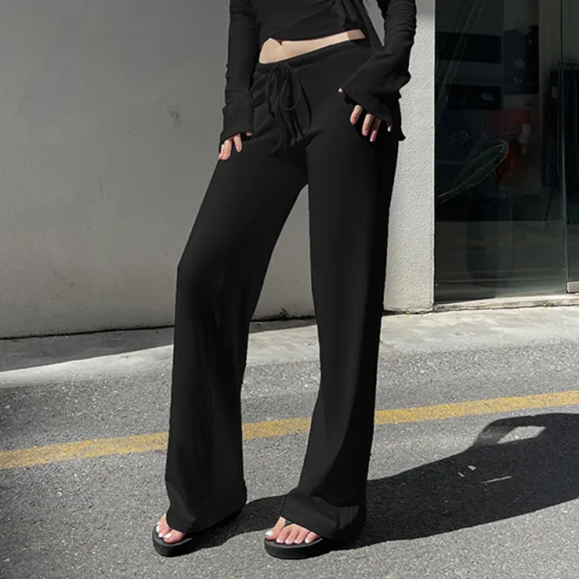 Casual Lace Up Bell Sleeve Top Velvet Padded Loose Trousers Pajamas Two piece Set Black Trousers - Shop at LoveMi