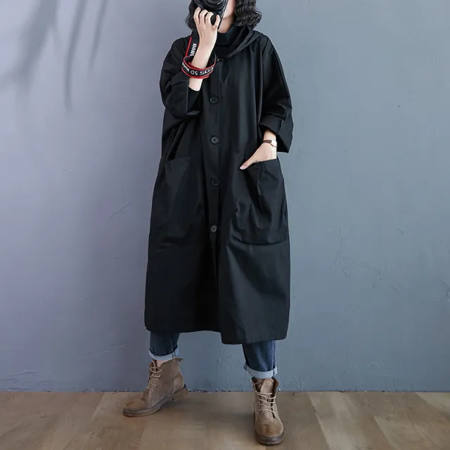 Loose Plus Size Overknee Long Large Pocket Trench Coat Black - Shop at LoveMi