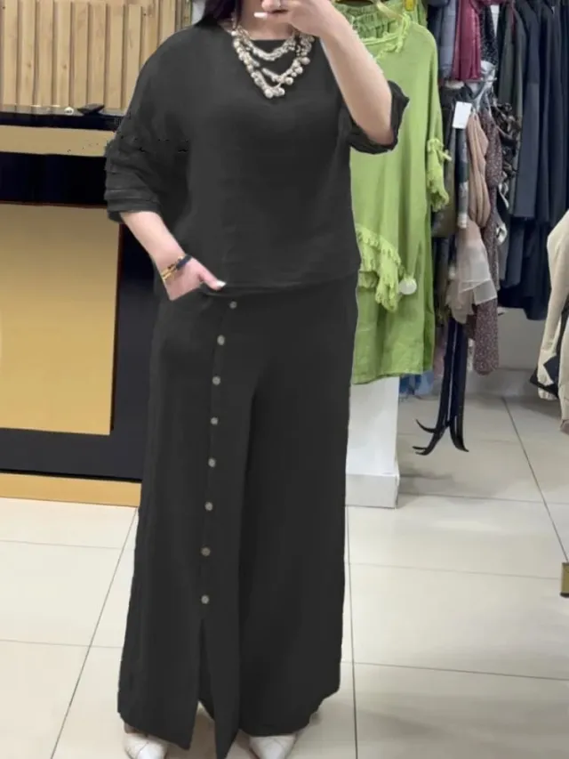 Women's Fashion Casual Loose Solid Color Cotton Linen Short Sleeve Shirt Two piece Pants Long Black - Shop at LoveMi