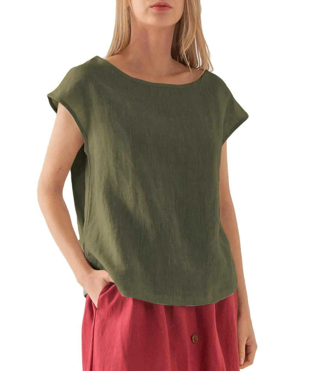 European And American New Linen Casual Loose Short Sleeves T-shirt Solid Color Round Neck Top - Green