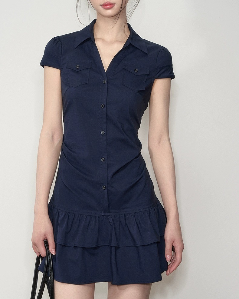 Stretch Short Sleeve Easy Matching Waisted Shirt Dress Navy - Shop at LoveMi