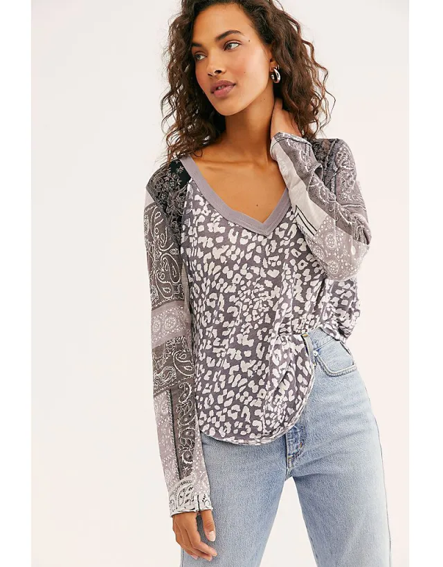 Casual Temperament Collage Pullover Leopard Print Long Sleeve Gray - Shop at LoveMi