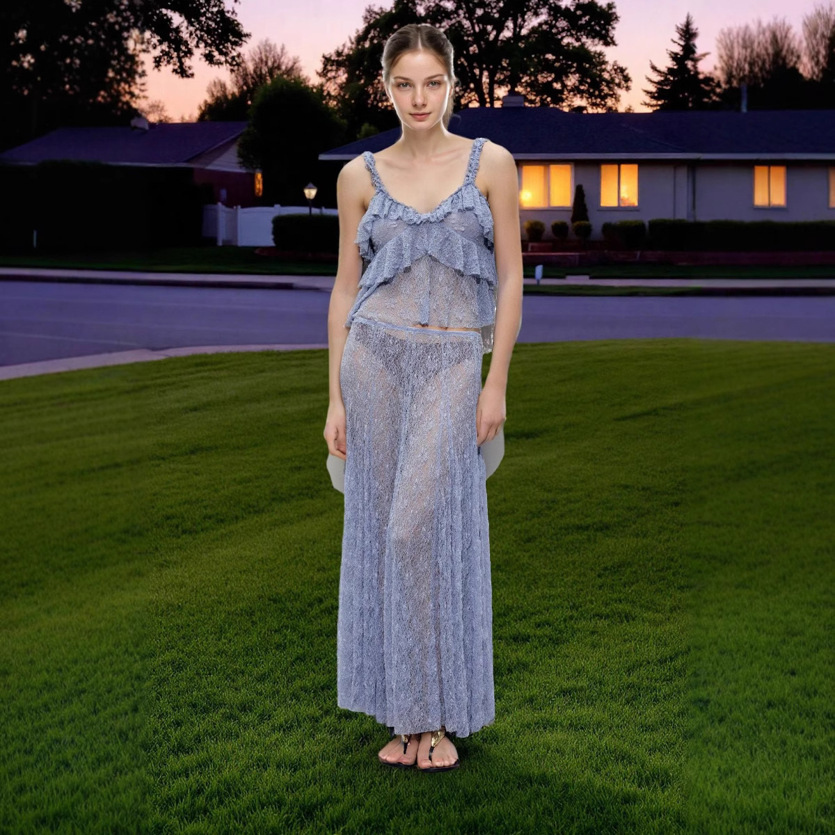 Women's Sexy Transparent Lace Laminated Top Long Skirt Suit