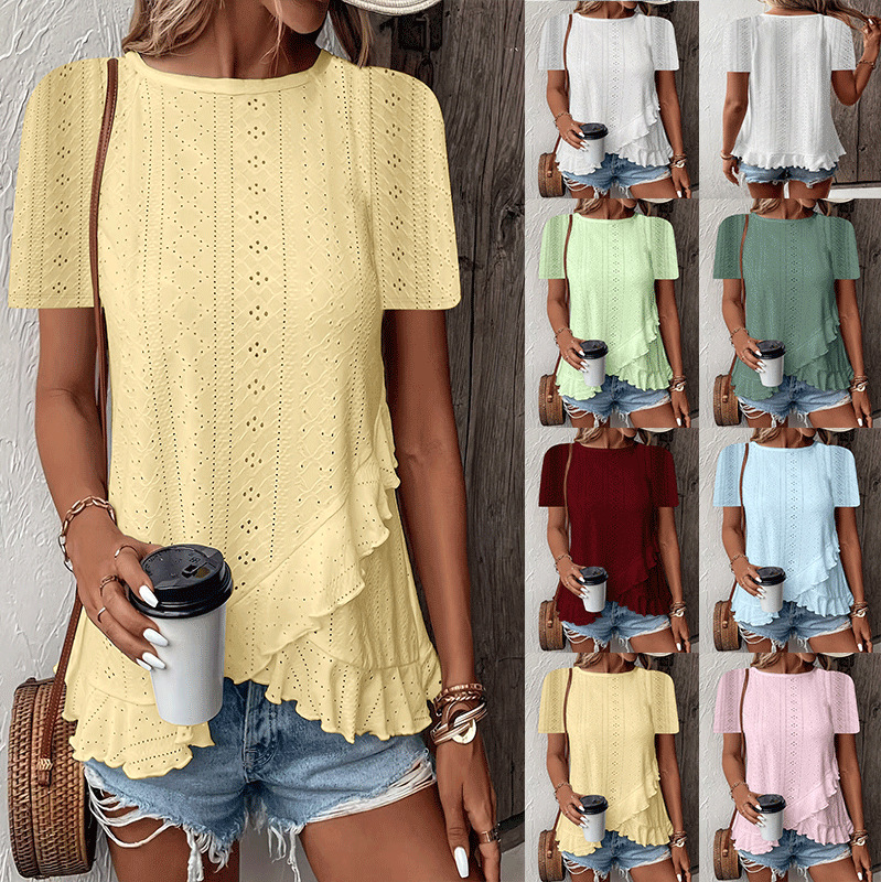 Womens Fashion Casual Solid-color Short-sleeve Crew Neck