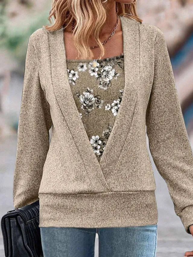 Women's V neck Long sleeved False Two piece Suit Top Khaki - Shop at LoveMi