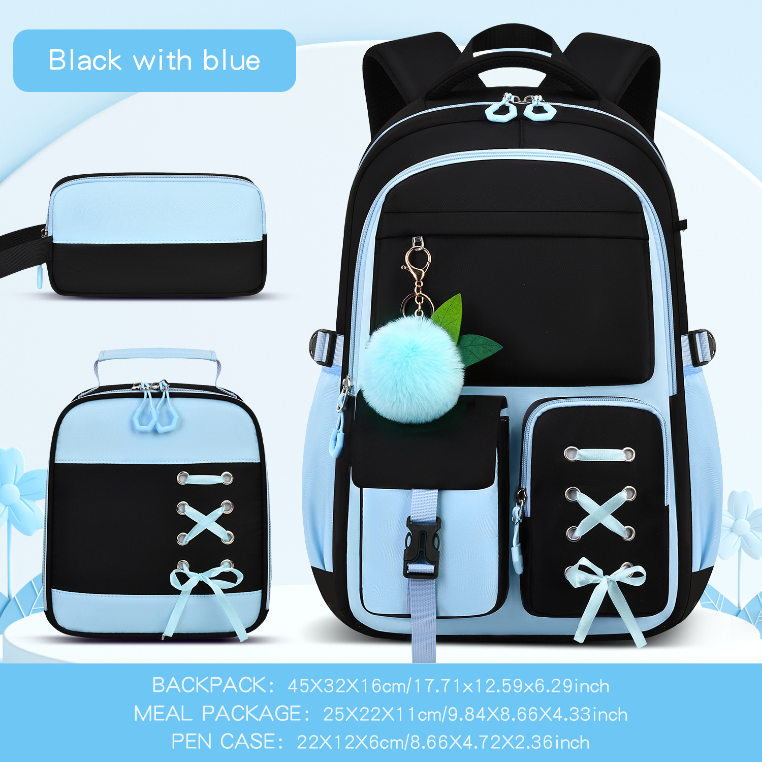 Large-capacity Backpack Three-piece School Bag Set Black And Blue 3pcs