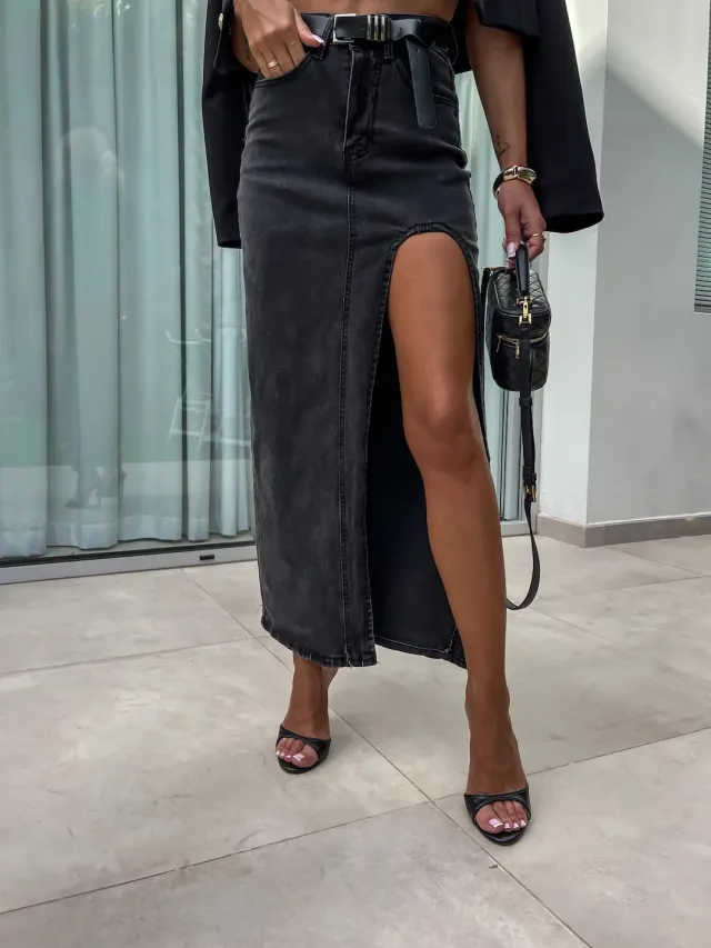 Retro Women's High Waist Irregular Slit Denim Skirt Black - Shop at LoveMi