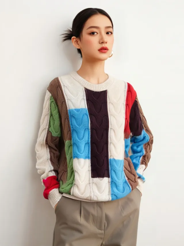 Contrast Color Round Neck Pullover Knitting Long Sleeve Outer Wear Blouse Color - Shop at LoveMi