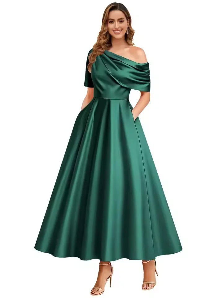 New Elegant And Sophisticated Satin Off-Shoulder Solid Color Dress 8