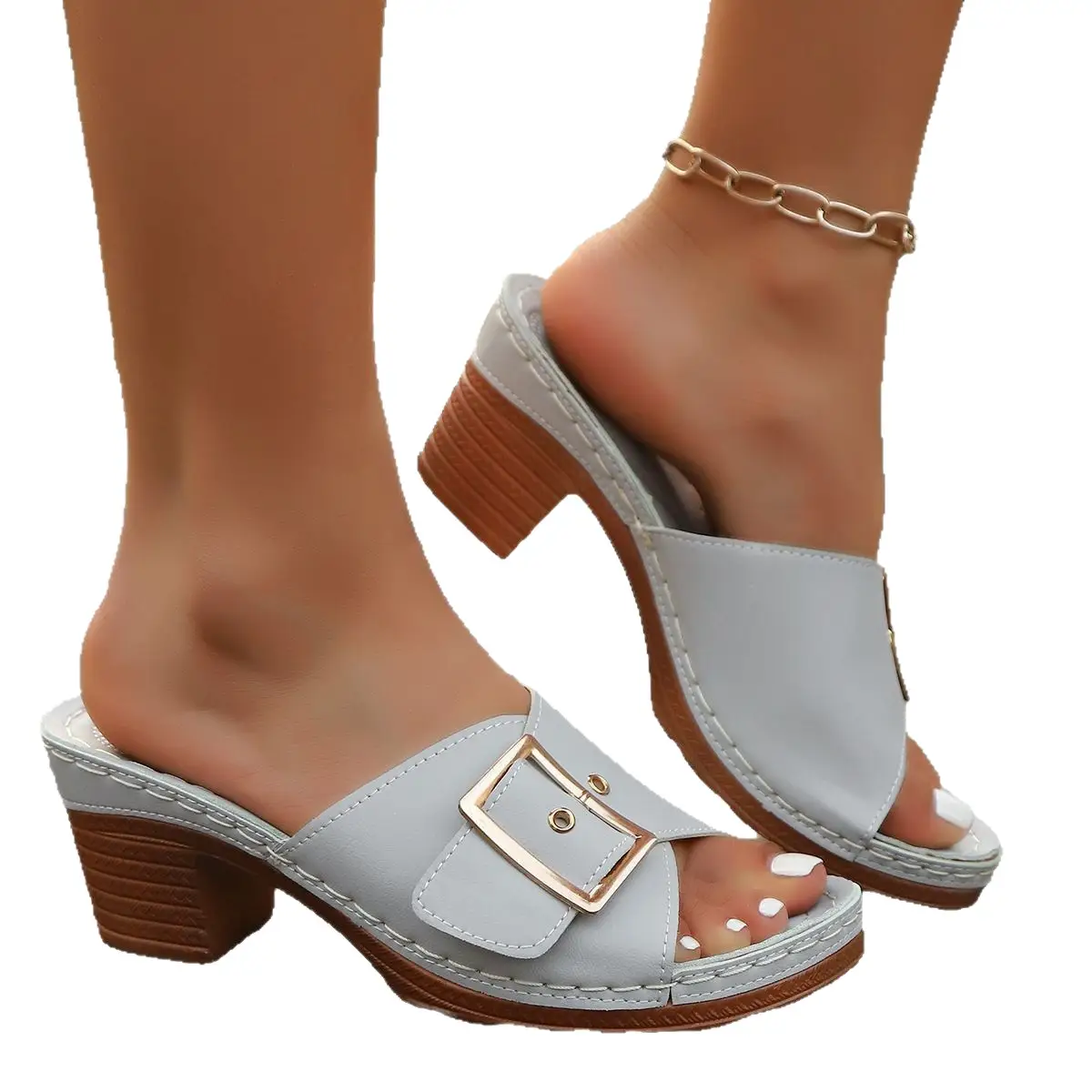 Foreign Trade Women's Shoes Summer New Chunky Heel Buckle Metal Buckle Slippers With Beach Slippers