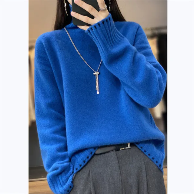 Women's Turtleneck Sweater Solid Color Thread Loose Korean Style Blue - Shop at LoveMi