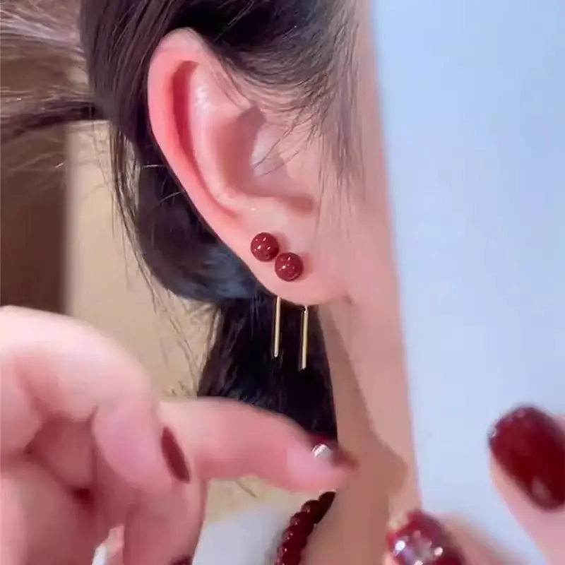 Red Beads Hanging Earrings Minority Fashion