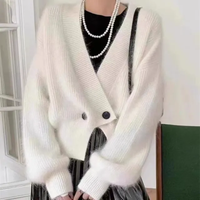 Design Sense Autumn And Winter V Loose Long Sleeve Solid Color Sweater White - Shop at LoveMi