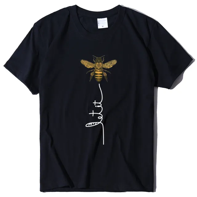 Bee And Letter Print Pattern Women's Loose T shirt Black - Shop at LoveMi