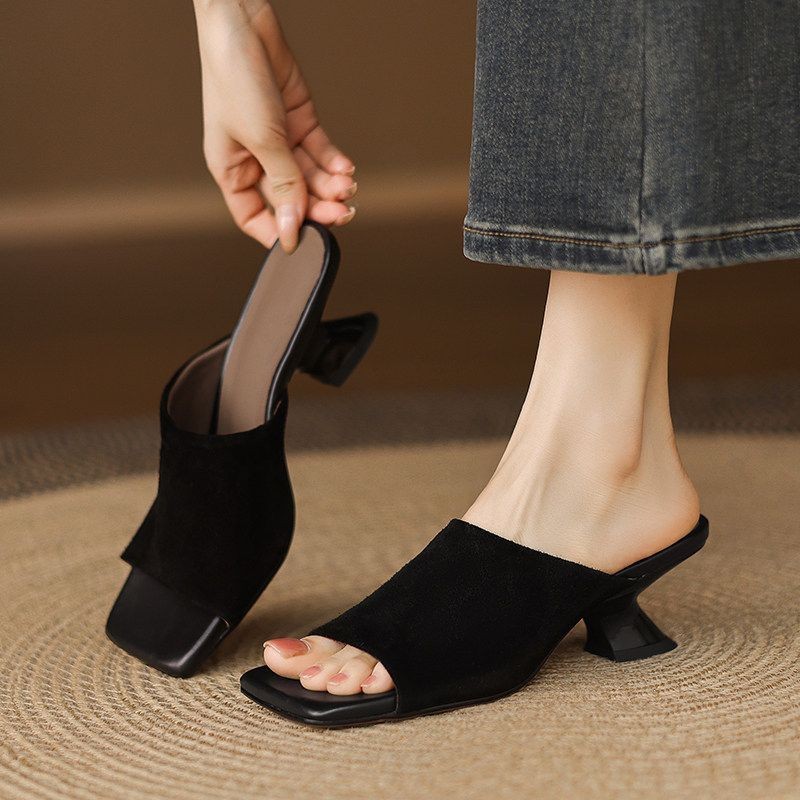 Suede Square-Toe Slide Sandals, picture 3 of 5