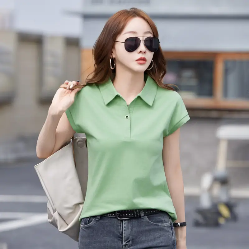 Polo-collar Figure-flattering Short-sleeve Top