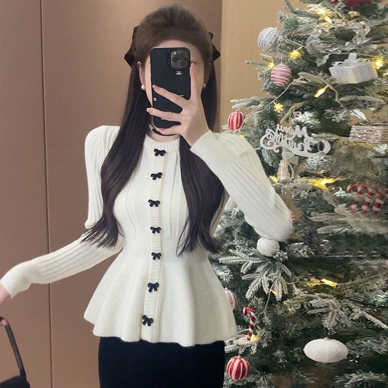 Red Crew-neck Waist-cinching Figure-flattering Knit Bottoming Shirt