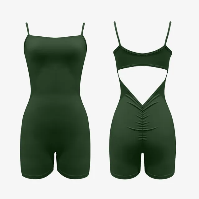 Thin Shoulder Vest Shorts Jumpsuit Back Hollow V Waist Pleated Yoga Jumpsuit Dark Green - Shop at LoveMi