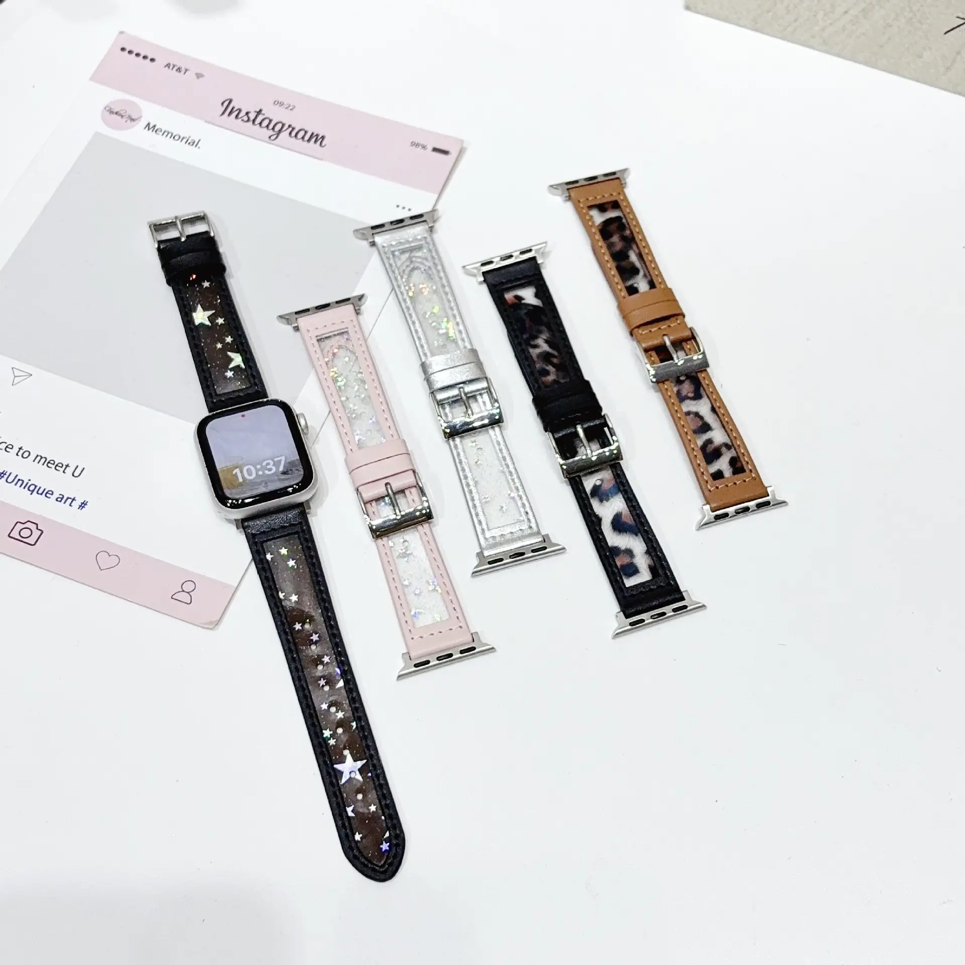Five-pointed Star Leopard-print Leather Watch Strap Wristband
