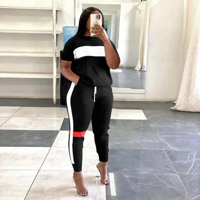 Striped Stitching Long Sleeve Top Suit Exercise Casual Pants Two piece Suit For Women Short Sleeve Black - Shop at LoveMi