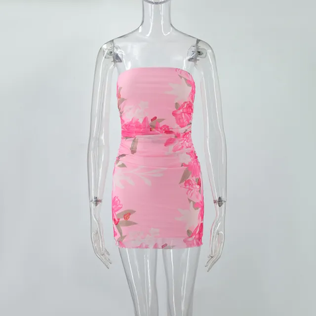 Tube Top Printed Slim Fit Pleated Double Layer Dress Pink - Shop at LoveMi