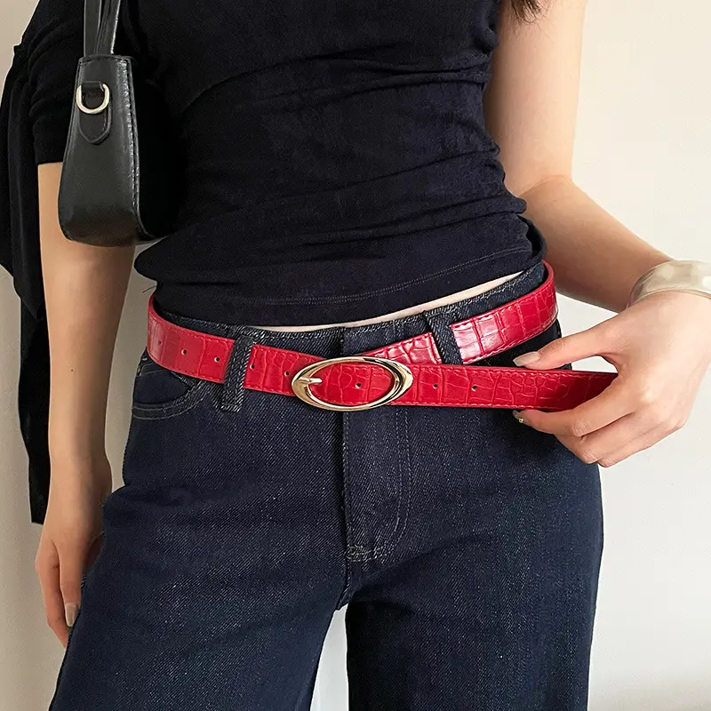 Fashion Lychee Pattern Belt Women's Oval Buckle