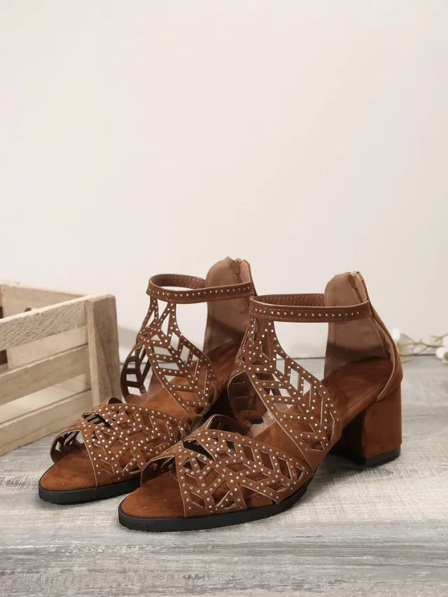 Buckled Chunky Heel Casual Plus Size Women's Roman Rhinestone Sandals Brown - Shop at LoveMi