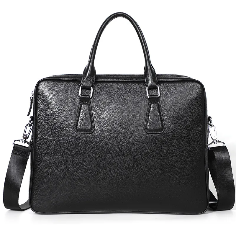 Handbag Men's Leather Briefcase Cowhide Horizontal Large Capacity - Black
