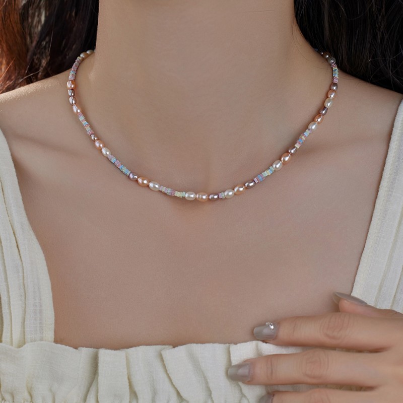 Womens Natural Freshwater Rice-Shape Pearl Necklace