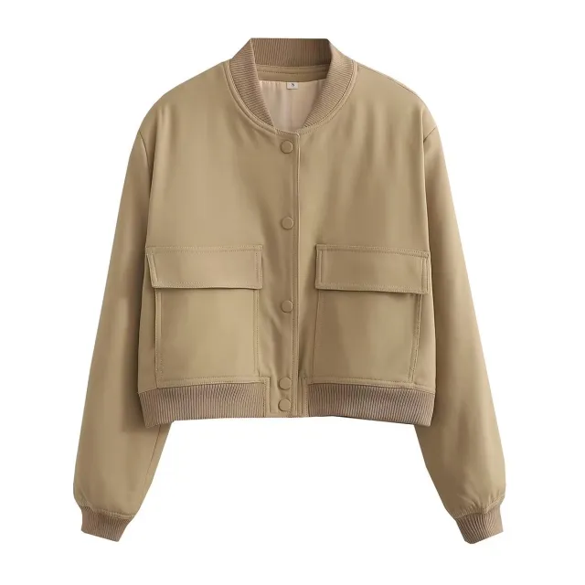 Autumn Y2g Stand Collar Double Pocket Biker Pilot Jacket Top Khaki - Shop at LoveMi