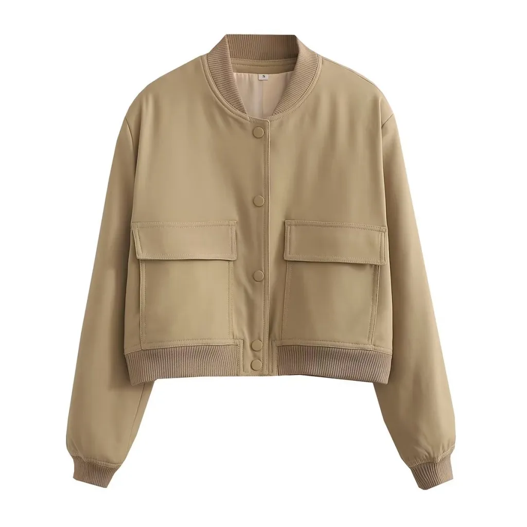 Autumn Y2g Stand Collar Double Pocket Biker Pilot Jacket Top - Khaki