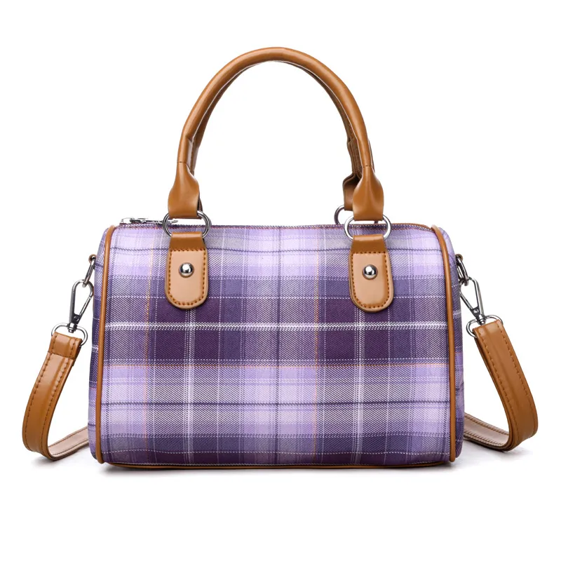 Plaid Academy Style Round Barrel Shoulder Bag - Purple