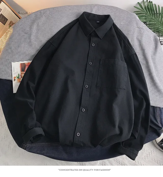 Heavyweight Casual White Cotton Long sleeve Shirt Black - Shop at LoveMi