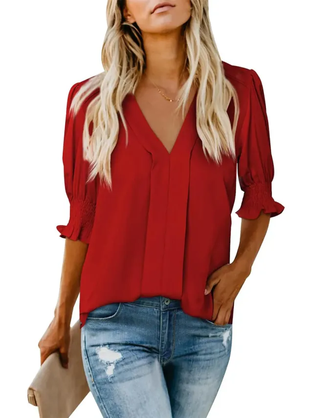 V neck Short Sleeve Loose Comfortable Fashion Summer Solid Color Small Shirt European And American Style Red - Shop at LoveMi