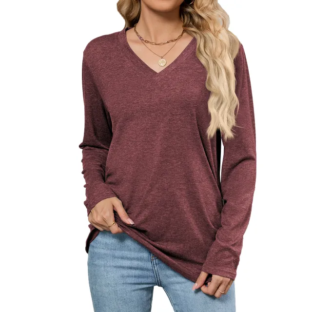 Leisure Pullover V neck Solid Color Loose Long Sleeves Purplish Red - Shop at LoveMi