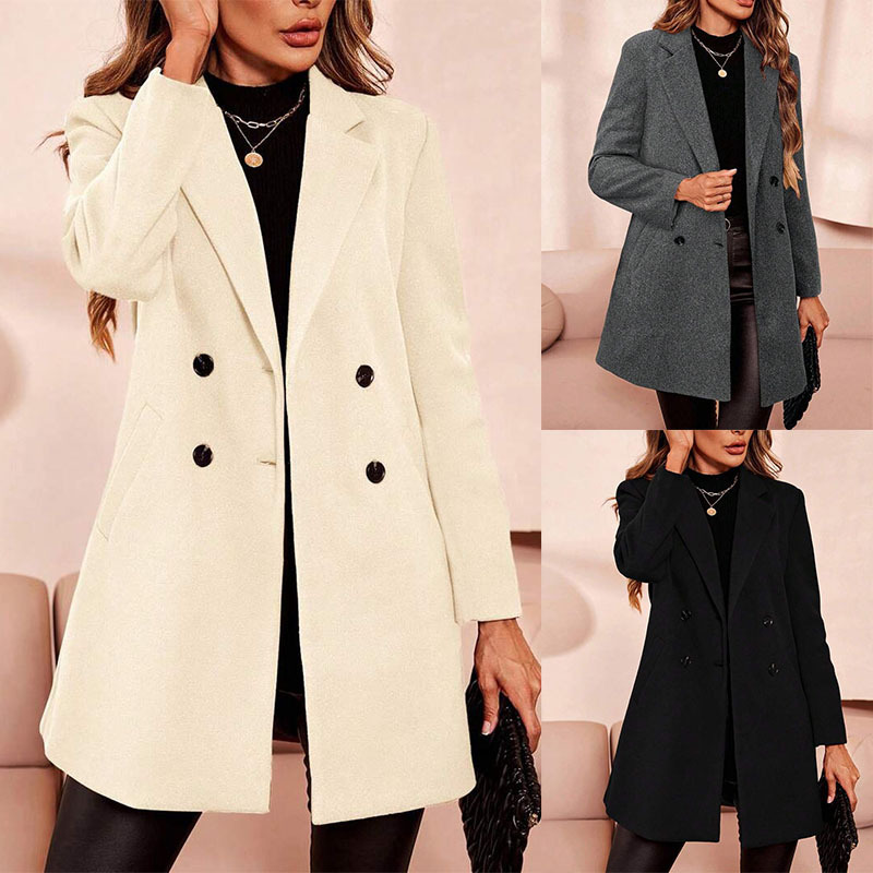 Womens Solid Color Casual Slim-fit Midi Wool Coat
