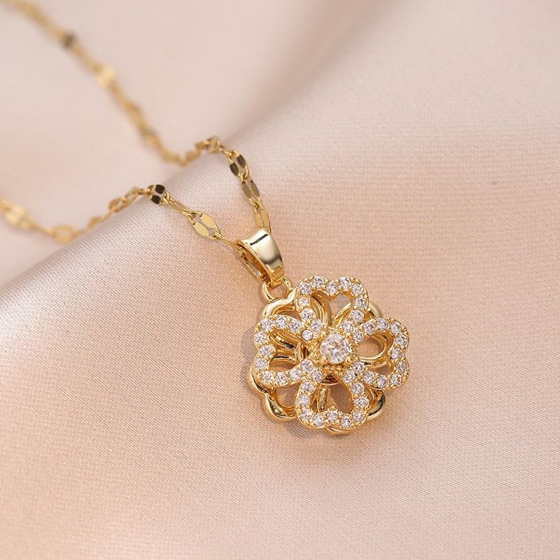Rotating White Crystal Four-Leaf Clover Heart Necklace