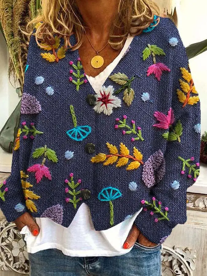 Digital Printing Thick Needle Women's Large V-neck Cardigan Short Long-sleeved Sweater - E081 7-Xxs
