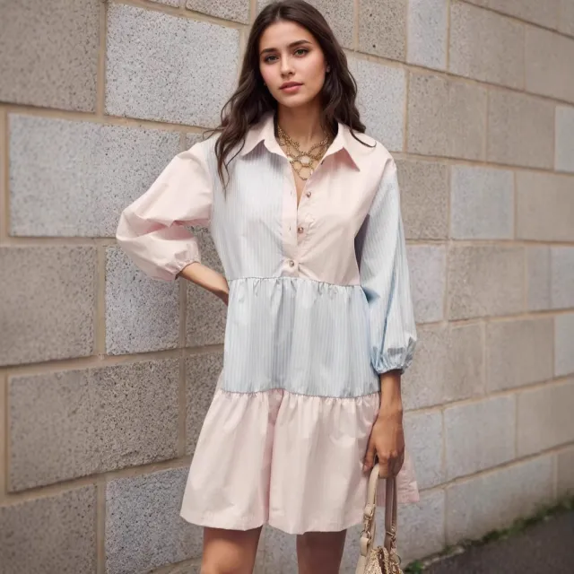 Loose fitting Patchwork Shirt Dress Blue - Shop at LoveMi