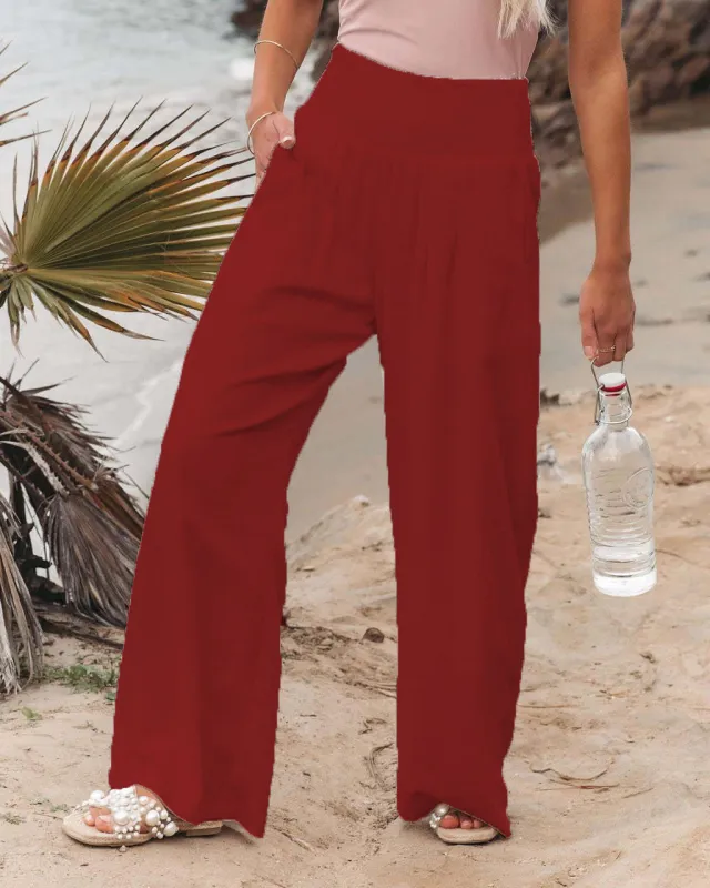 Spring And Summer Women's Clothing Cotton Linen Pure Color Elastic Waist Wide Leg Pants Casual Pants Trousers For Women Red - Shop at LoveMi