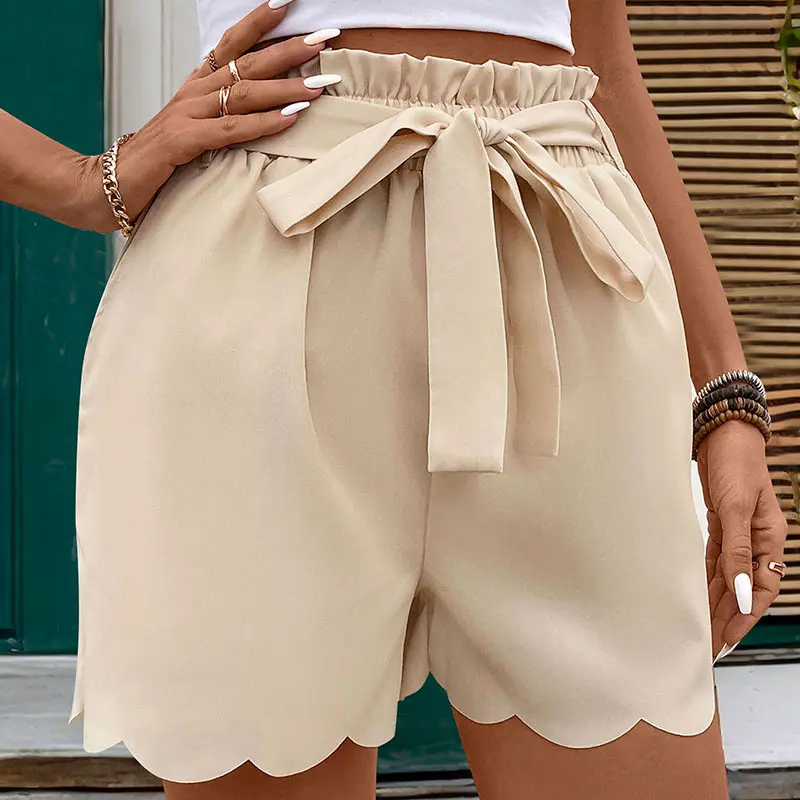 Lace-up Scalloped Solid Color Shorts for Women