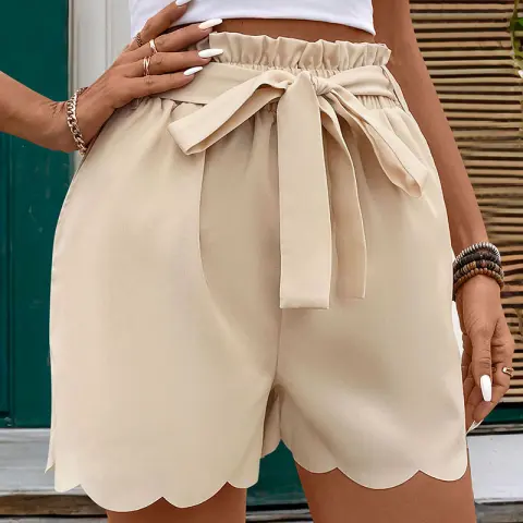 Lace-up Scalloped Solid Color Shorts for Women