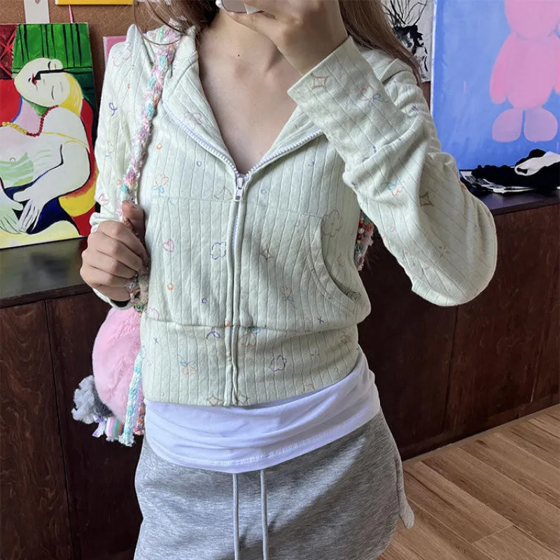 Cute Cardigan Hoodie Women's Slimming - Creamy Green