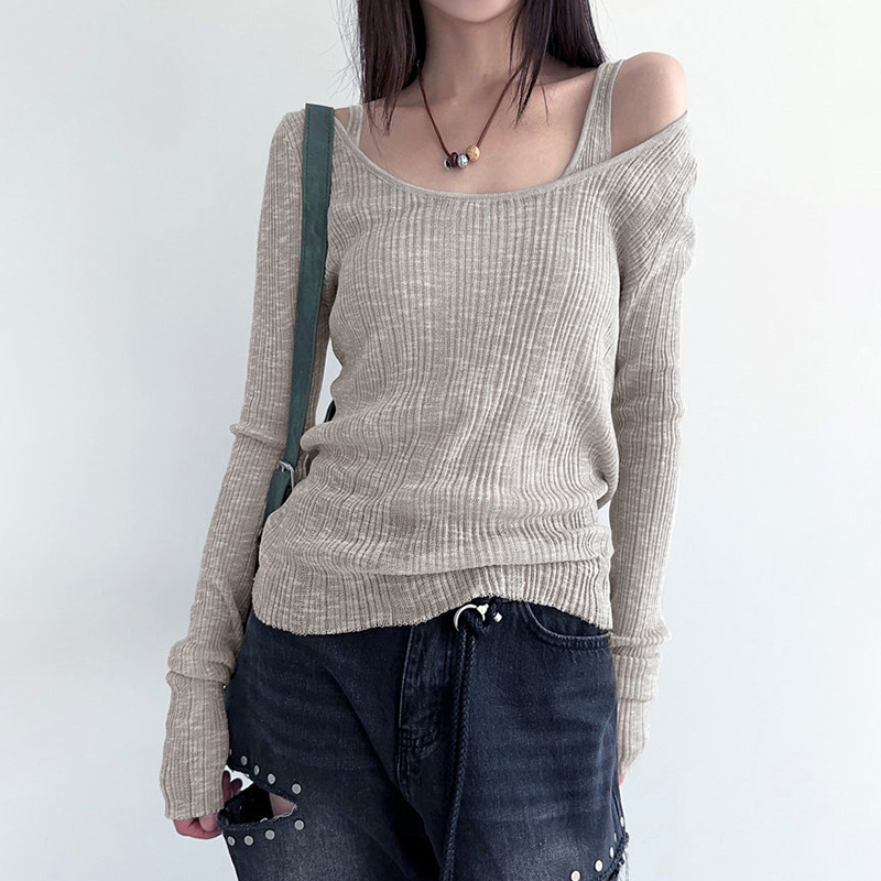 Simple Style Two-piece Knitted Sunken Stripe T-shirt