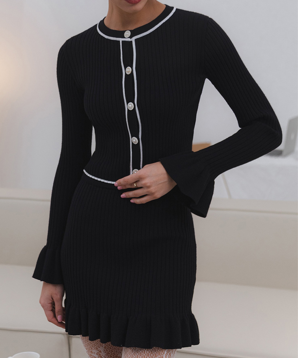 Ruffled Pearl Buckle Suit Knitted Mini Dress Two piece Set For Women Black - Shop at LoveMi