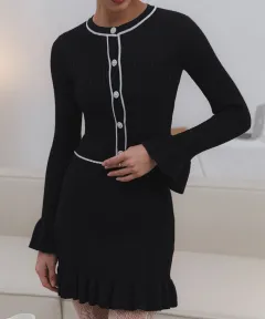 Ruffled Pearl Buckle Suit Knitted Mini Dress Two-piece Set For Women - Black - View 1