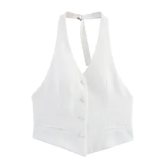 European And American Style Solid Color Design Slim White Bag Buckle Sleeveless Halter Top - White - View 1