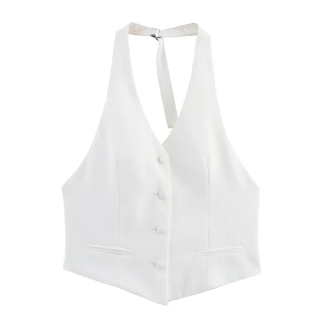 European And American Style Solid Color Design Slim White Bag Buckle Sleeveless Halter Top - Shop at LoveMi