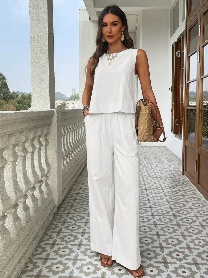 Cotton-Linen Loose Tank Top And High-Waisted Loose Straight-Leg Pants Casual Set - Tan