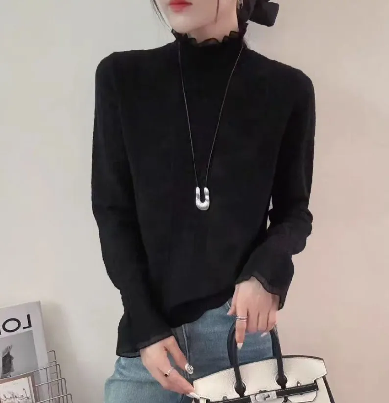 Women's Elegant Jacquard Lace Knit Long Sleeve Base Shirt - Black